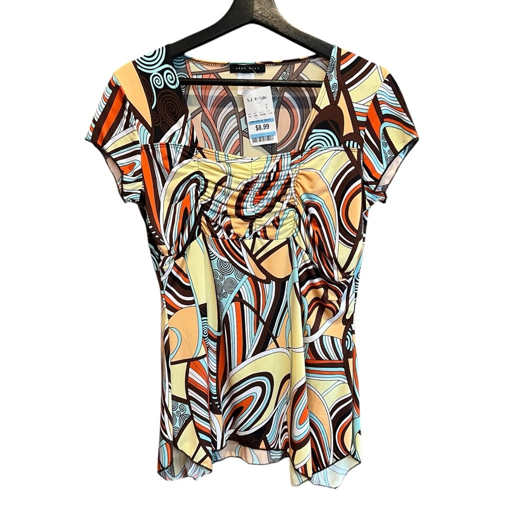 VTG Can't Miss Babydoll‎ Top Womens L Orange Yellow Psychedelic Groovy NWT